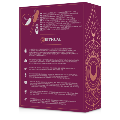 Embalagem roxa com texto e padrão dourado RITHUAL