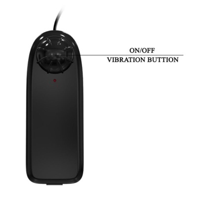 Comando remoto preto com botão redondo e texto ON/OFF VIBRATION BUTTON