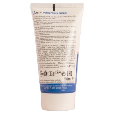 Tubo de creme V-Activ Penis Power Cream branco com texto em inglês e alemão