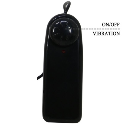 Comando remoto preto com botão circular e texto ON/OFF VIBRATION