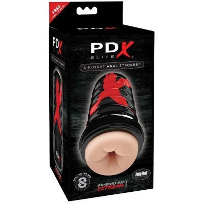 Embalagem preta de masturbador anal PDX Elite com capa preta e vermelha e silicone cor de pele