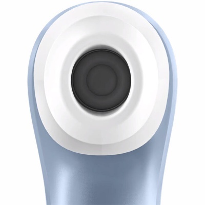 Dispositivo eletrônico azul com botão circular preto e estrutura branca