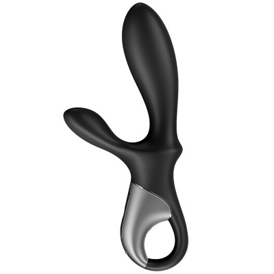 Vibrador preto com base metálica prateada e alça circular