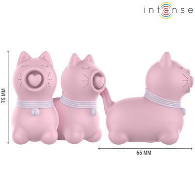 Figura de gato rosa com coleira branca e sino, dimensões indicadas, fundo branco