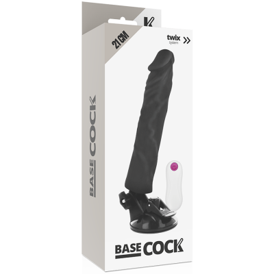 Embalagem do dildo Base Cock preto com ventosa e controle remoto, 21 cm, marca Twix System