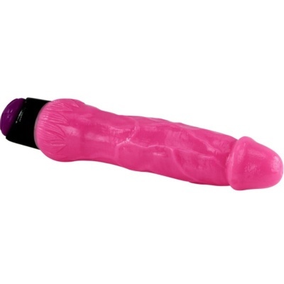 Vibrador rosado em forma fálica com base preta e botão roxo
