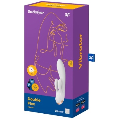 Embalaem de vibrador Satisfyer Double Flex, embalagem roxa e azul com imagem do produto branco.
