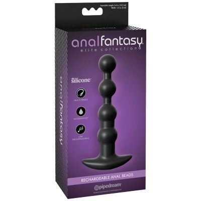 Embalagem de brinquedo sexual anal preto com quatro esferas e base, texto relacionado ao produto.