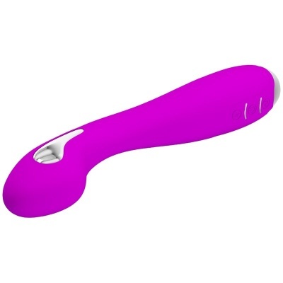 Vibrador roxo curvado com detalhes brancos e botões embutidos