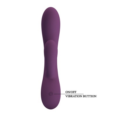 Vibrador roxo com botão de ligar/desligar e texto ON/OFF VIBRATION BUTTON