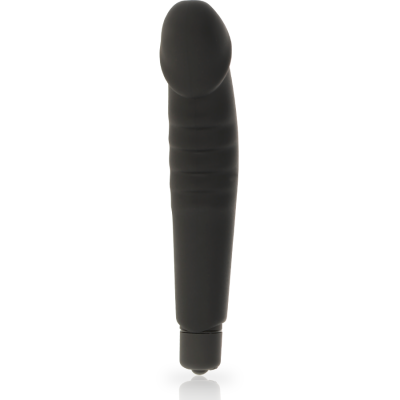 Vibrador preto cilíndrico com cabeça oval e base com botão