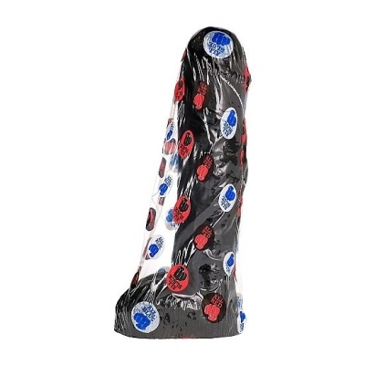 Dildo preto com padrão de círculos vermelhos e azuis embalado em plástico