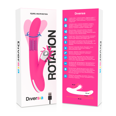 Embalagem de vibrador rosa Diversia com design anatómico e texto em inglês e múltiplas línguas.