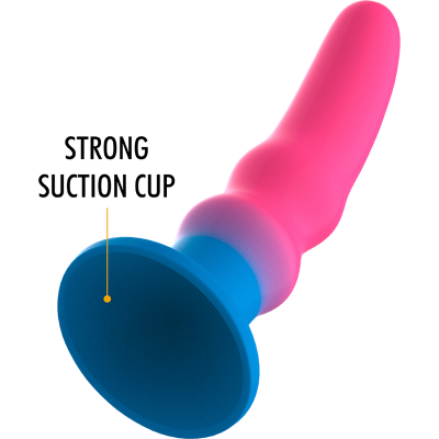 Objeto cor-de-rosa com base azul e texto STRONG SUCTION CUP