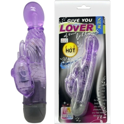 Vibrador roxo translúcido com estimulador, em embalagem com texto