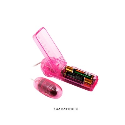 Dispositivo vibratório cor-de-rosa com compartimento de pilhas e texto 2 AA BATTERIES