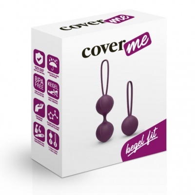 Embalagem de produto branco com texto 'cover me' e imagens roxas de bolas Kegel em embalagem rotulada 'kegel fit'