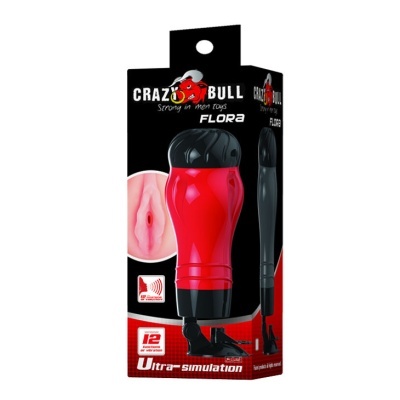 Embalagem do produto Crazy Bull Flora em preto e vermelho com objeto vermelho e preto e texto promocional.