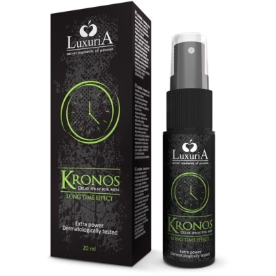 Spray masculino Luxuria Kronos com embalagem preta e texto verde