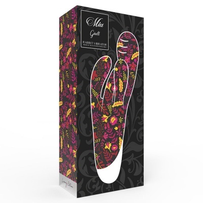 Embalagem preta com design floral colorido para vibrador Mia Gold coelho.
