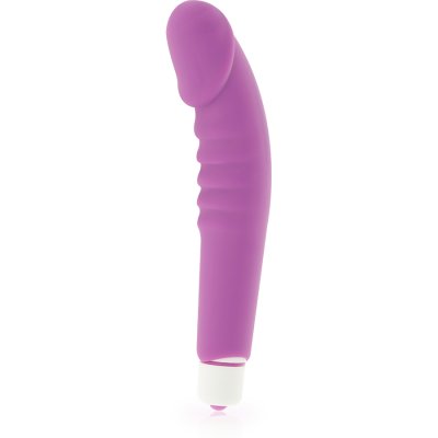 Vibrador roxo curvado com botão branco na base sobre fundo branco