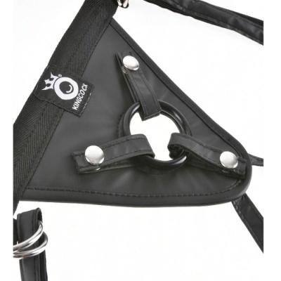 Arnês triangular preto com fivela metálica e etiqueta KINGCOCK