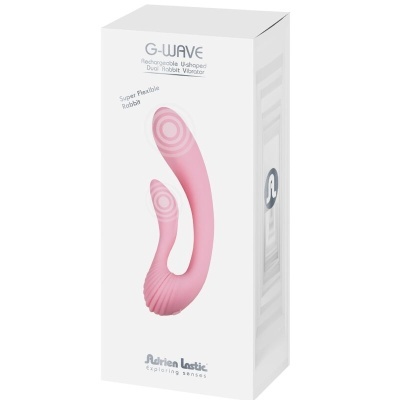Caixa branca com vibrador duplo recarregável cor-de-rosa G-WAVE da Adrien Lastic