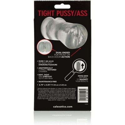 Embalagem preta com texto vermelho e branco contendo produto transparente com texto 'TIGHT PUSSY/ASS'