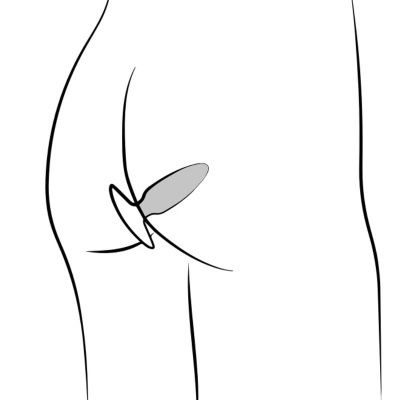 Desenho minimalista e preto e branco de uma silhueta humana com um plugue anal cinzento.