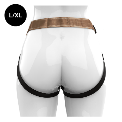 Suporte elástico com faixas marrons e pretas ajustáveis tamanho L/XL em manequim branco