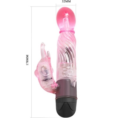 Vibrador rosa translúcido com extensão para estimulação dupla e base preta