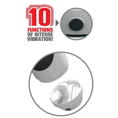Texto 10 FUNCTIONS OF INTENSE VIBRATION e detalhe de botão preto e peça branca cilíndrica