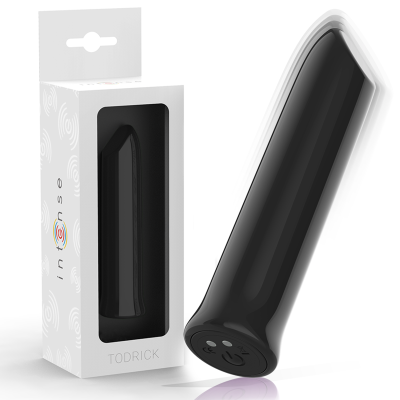 Produto vibrador preto em embalagem branca com janela transparente