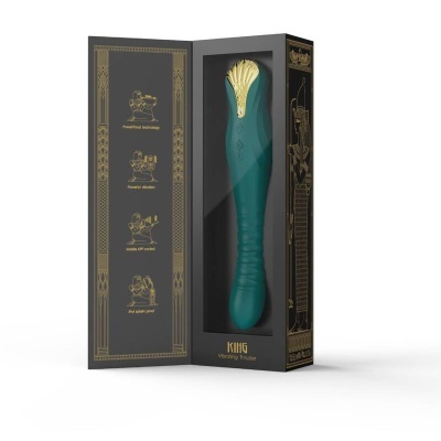 Vibrador verde com ponta dourada em embalagem preta e dourada com texto KING Vibrating Stimulator