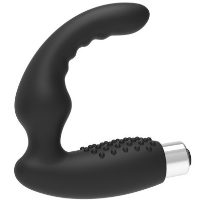 Vibrador preto em silicone curvado com base prateada e textura pequena