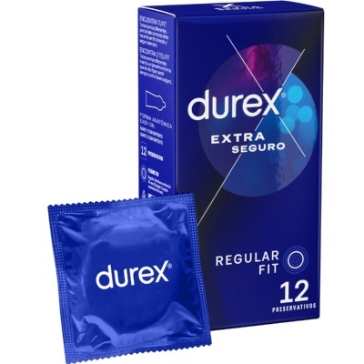 Embalagem azul escura de preservativos Durex Extra Seguro com embalagem individual azul