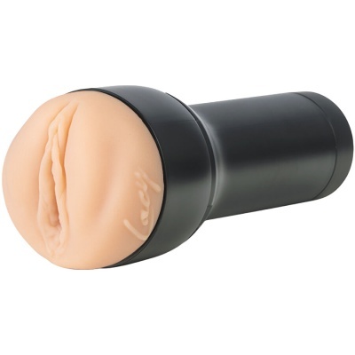 Dispositivo cilíndrico preto com ponta em silicone cor de pele simulando vulva com texto 'Lady'