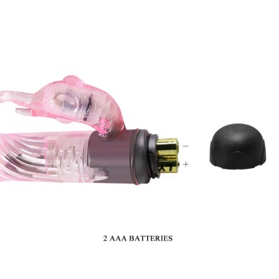 Vibrador transparente rosado com tampa preta ao lado e texto sobre baterias