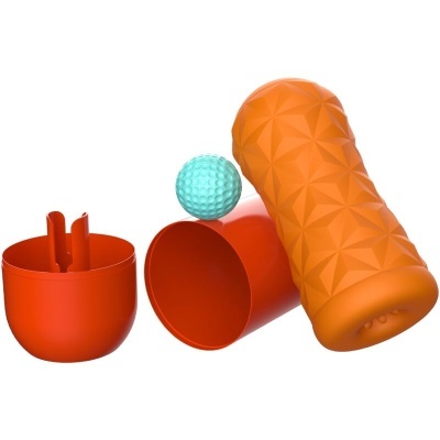 Conjunto de recipiente cilíndrico laranja e bola verde clara texturizada