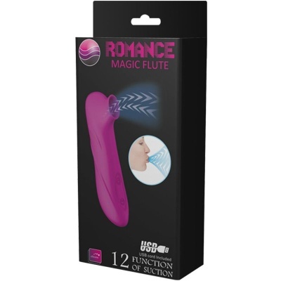Embalagem preta com produto rosa para sucção e texto ROMANCE MAGIC FLUTE