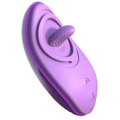 Dispositivo roxo oval com textura cônica e botões de controlo