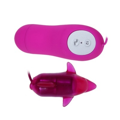 Aparelho vibratório rosa com controlo branco e forma de golfinho