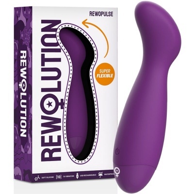 Vibrador roxo curvo com embalagem branca e púrpura REWOLUTION REWOPULSE