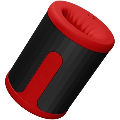 Auscultador portátil cylindrical preto com detalhes vermelhos e botões integrados