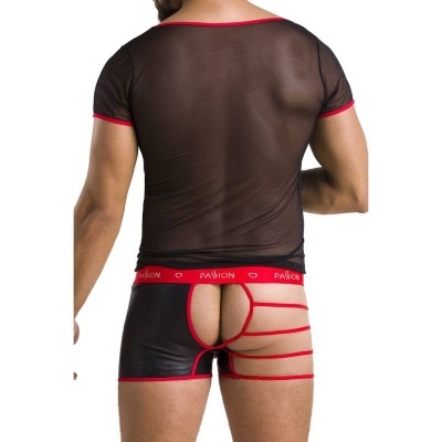 Conjunto masculino de lingerie preta transparente e cueca preta e vermelha com recorte exposto