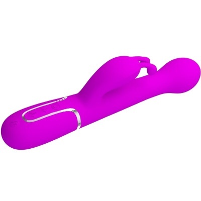 Vibrador cor-de-rosa ergonómico em silicone com controlo na base e detalhes prateados