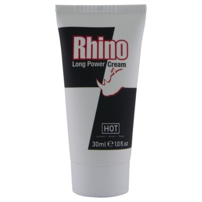 Tubinho plástico branco von creme Rhino Long Power Cream com texto e desenho de rinoceronte
