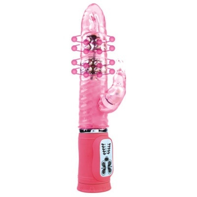 Vibrador rosa translúcido com esferas e controlo na base