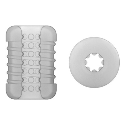 Dois objetos brancos de silicone, um retangular com saliências e outro circular com furo central com saliências.