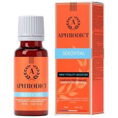 Frasco e caixa do suplemento alimentar Aphrodict Sexovital em cores laranja e azul